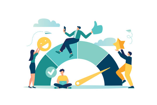 employee engagement and motivation, featuring businesspeople celebrating success icons like thumbs up, stars, smiley face. It represents job satisfaction, productivity, commitment vector illustration 