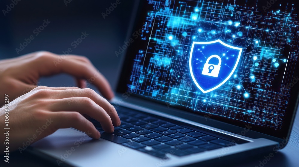 Poster person using laptop with a shield and lock icon representing cybersecurity.