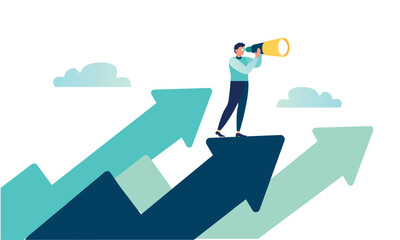 teamwork vision path goal success. study horizons company work finding ways develop. people stand profit, growth arrows look binoculars, big telescope spyglass in search new ideas vector illustration