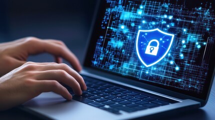 Person using laptop with a shield and lock icon representing cybersecurity.
