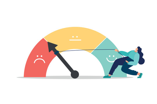 Push skill level, credit score or increase performance, improvement or effort to be better, excellent customer feedback review, gauge scale rating concept, businessman pushing skill performance gauge.