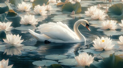 Obraz premium Close-up of a swan surrounded by lotus blossoms, water reflecting the flowers and feathers, soft ripples spreading, gentle sunlight illuminating the scene, serene and elegant composition. --ar 16:9