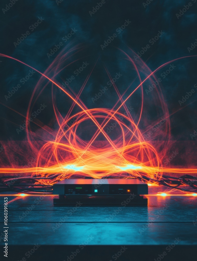 Leinwandbilder a network router sits at the center, illuminated by abstract glowing lines that suggest energy and d