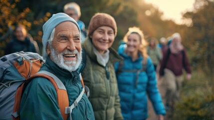 Smiling people taking a nature walk, exploring trails and breathing fresh air
