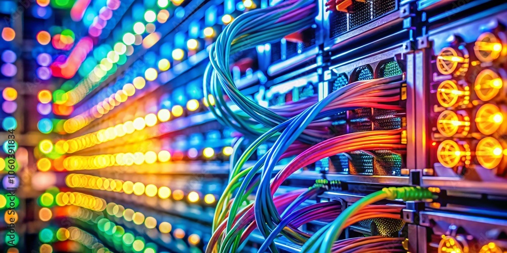 Poster abstract close-up of network cables and server racks in data center with bokeh effect for tech visua
