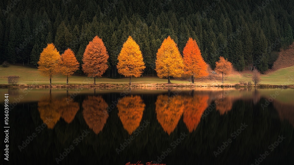 Poster a row of six vibrant autumn trees reflected in a still lake with a dark forest backdrop.