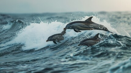 Obraz premium Playful animals, dolphins jumping out of the ocean, playing in the waves