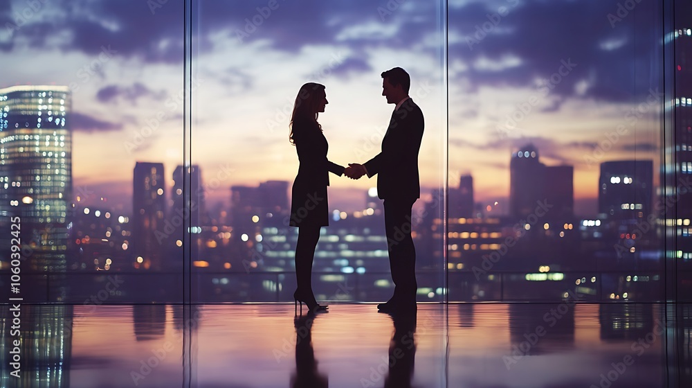 Poster business deal in cityscape subtle blur background with space for custom text