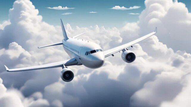 Airplane flying in white clouds