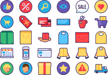 Collection of shopping elements in a colorful flat outline style. Vector clipart about online store, shopping, entrepreneurship, startups, e-commerce, innovative solutions, and economy growth. Small b