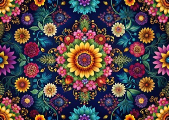 Abstract Floral Mandala Pattern for Dark Vintage Wall Decor – Seamless Design with Beautiful Textures and Flowers for Home Aesthetics