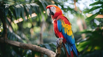 Exotic animals such as a parrot with vibrant feathers perched in a tropical tree