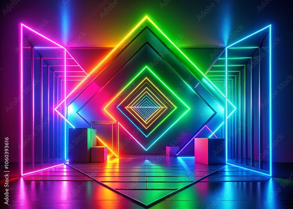 Poster abstract geometric neon background - minimalist 3d render with vibrant colors and shapes for modern 