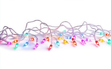 Fototapeta premium Colorful Christmas lights on a white background with space for text. Isolated string of colorful Christmas light bulbs. New year decoration. 