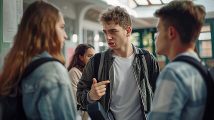 Fototapeta premium As a dispute escalates, a teacher separates two students, recognizing that one is the victim of targeted bullying.