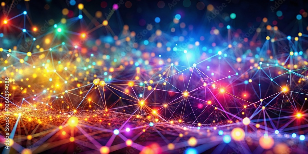 Poster abstract glowing plexus particles in tilt-shift photography - vibrant visuals of connected nodes and