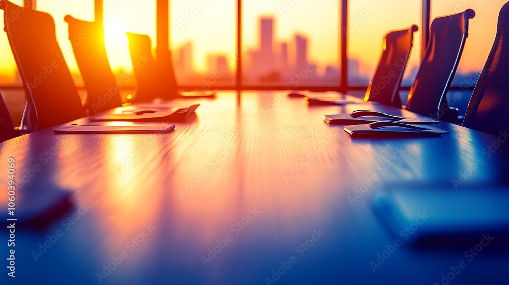 Poster business meeting table with sunset view clean blank canvas with empty space for designs