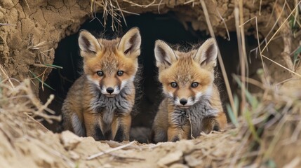 Cute wildlife, a pair of baby foxes playing near their den