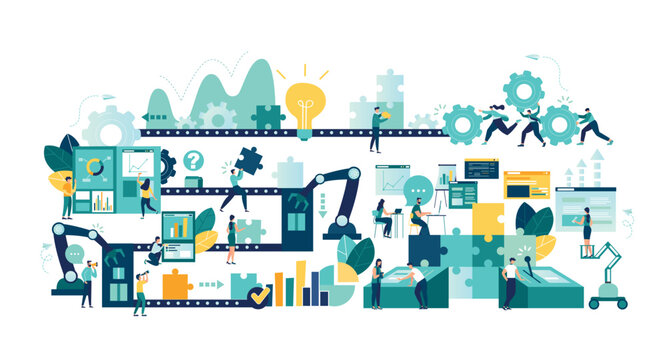 Vector illustration, a production line with workers, automation and user interface concept: user connecting with a tablet and sharing data with a cyber-physical system, Smart industry 4.0