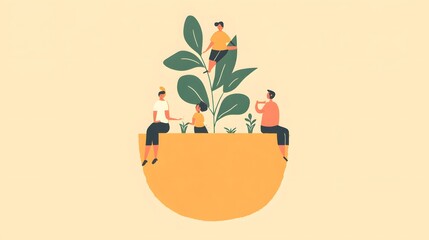 Vector illustration of people working together to plant and water large plants growing out from the bottom of an oversized coffee cup