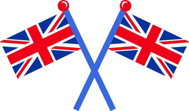 A vibrant vector illustration of crossed holiday flags in a cartoon style. The United Kingdom clip art element. English language, the UK culture, history, events, and celebrations. Promotion of Britis