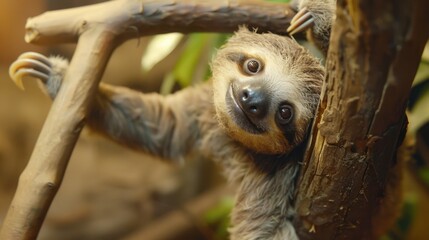 Naklejka premium Cute animal selfies, a baby sloth hanging from a branch, looking at the camera