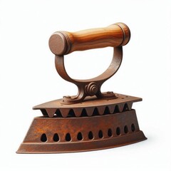 An antique iron, rusted with a wooden handle and detailed design, displays the historical artistry and vintage charm. AI generated.