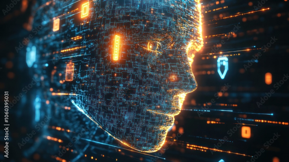 Poster a 3d illustration of an abstract human face made up of luminous circuits and binary code, representi