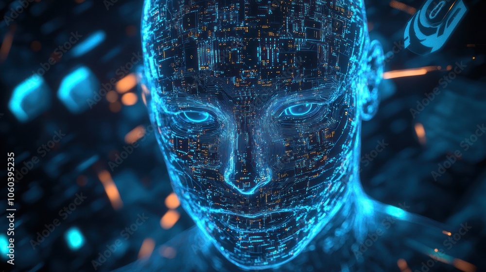 Poster a 3d illustration of an abstract human face made up of luminous circuits and binary code, representi