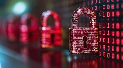 Red padlock on a screen of binary code representing data security.