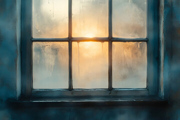A misty window frames a warm sunrise, blending soft colors with a serene atmosphere, evoking a sense of calm and reflection.