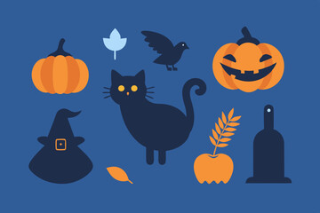 Halloween set. Icon set of cornucopia, black cats, Turkey, pumpkin, corn and bat for Halloween