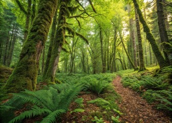 Fototapeta premium Exploring the serene beauty of lush green ferns and towering trees in a tranquil forest at dawn. Generative AI