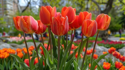A close-up of vibrant orange tulips in a garden setting, symbolizing beauty and the arrival of spring.

