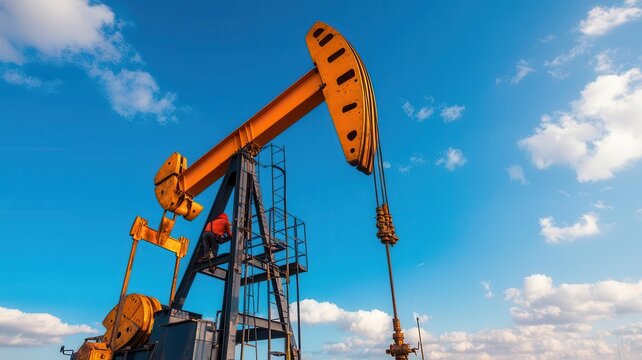 Workers adjusting the positioning of an oil pump jack during setup in a remote field   pump jack installation, rural oil field, industrial setup