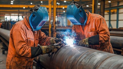Workers at a metal fabrication plant welding large steel components, metal fabrication process, heavy industry