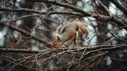 Candid animal moments, a squirrel caught mid-jump between tree branches
