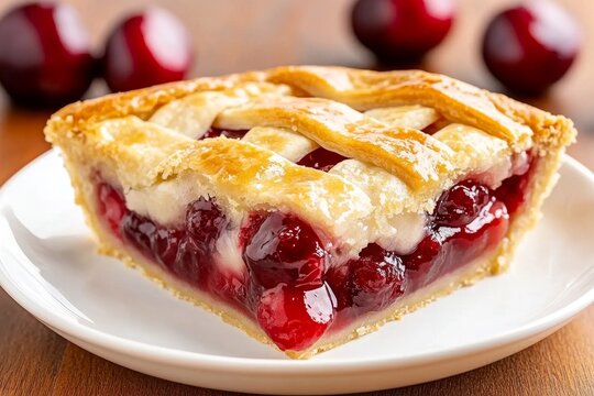 Cherry pie with lattice crust and bubbling fruit filling, capturing the rich, inviting look of traditional baked desserts, symbolizing nostalgia and warmth