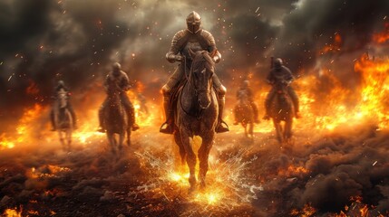 Fototapeta premium A line of knights on horseback charging through flames in a fierce battle, symbolizing bravery and unstoppable force.