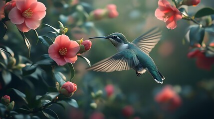 Naklejka premium Hummingbird in flight beside a cluster of camellias, wings blurred with motion, bright pink petals and dark green leaves, soft light enhancing the colors, intricate details and serene ambiance.