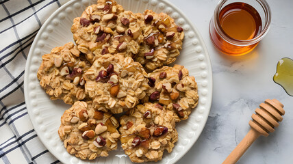 Fototapeta premium Nutty Oatmeal Cookies: Soft cookies made with oats and mixed nuts, beautifully displayed on a serving platter, garnished with a drizzle of honey.