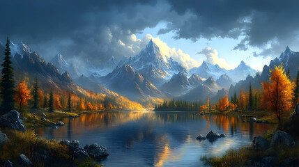 Obraz premium Autumn Mountain Lake - Illustration