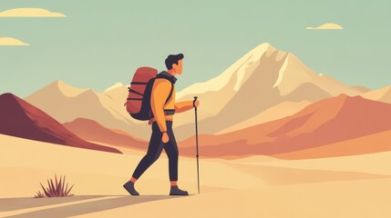 A man with a backpack walks through a desert landscape towards a mountain range.
