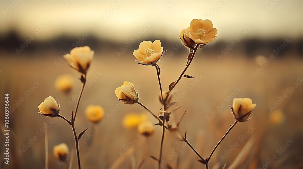 Poster yellow flowers in field clean blank canvas with empty space for designs