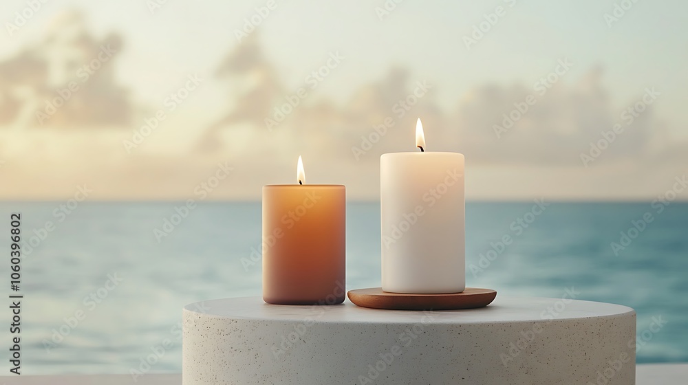Poster two elegant candles illuminate a serene ocean view at dusk creating a tranquil atmosphere for relaxa