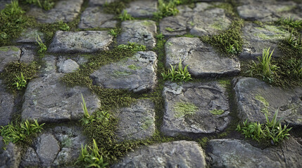 Nature's Tapestry: A Stone Pathway Adorned with Textures of Moss and Grass