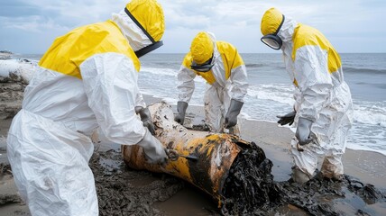 Workers in protective suits conducting a cleanup operation after an oil spill on land   oil spill cleanup, environmental protection, safety