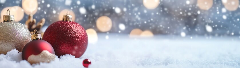 Festive Christmas ornaments on snow with gentle snowfall and glowing lights in a serene winter setting, perfect for holiday themes.