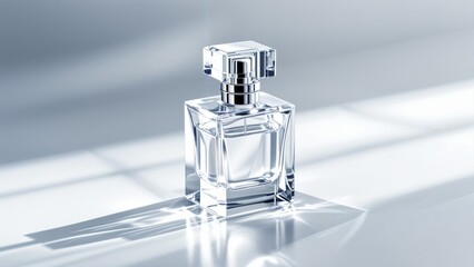 A beautiful perfume bottle on a light background. Advertising of cosmetic products and perfumes.