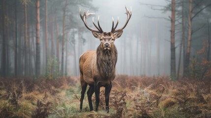 Obraz premium Animal portraits of a regal stag standing tall in a foggy forest
